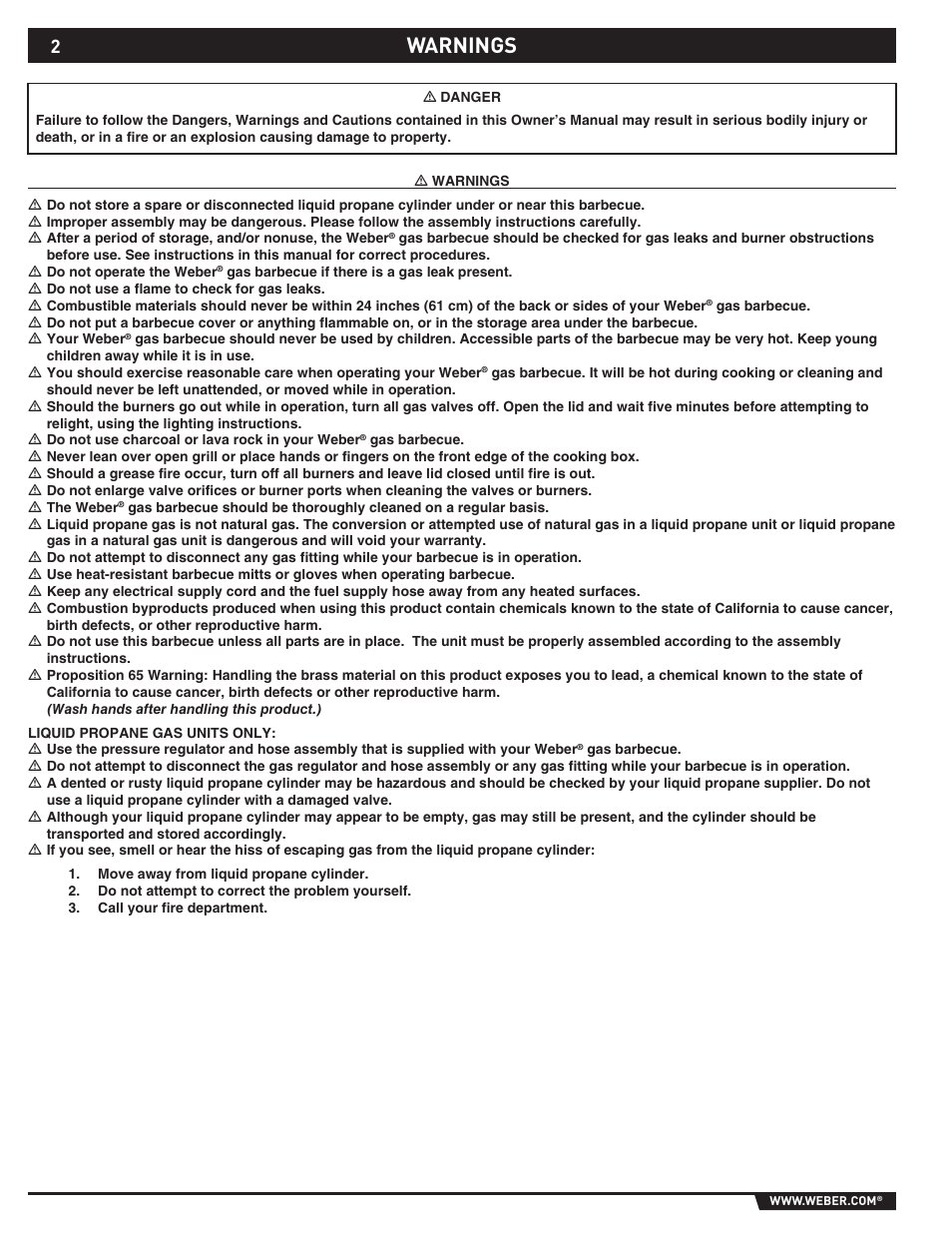Dangers and warnings, Warnings | weber Summit 43143 User Manual | Page 2 / 28
