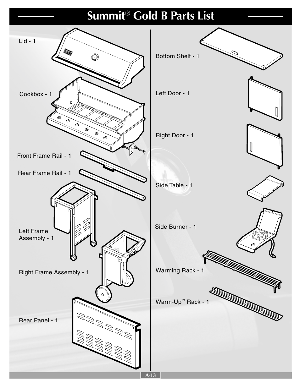 Summit, Gold b parts list | weber SUMMIT 43720 User Manual | Page 13 / 50
