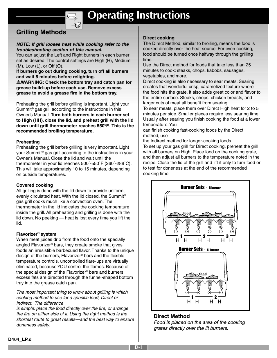 Operating instructions, Grilling methods | weber SUMMIT 43720 User Manual | Page 39 / 50