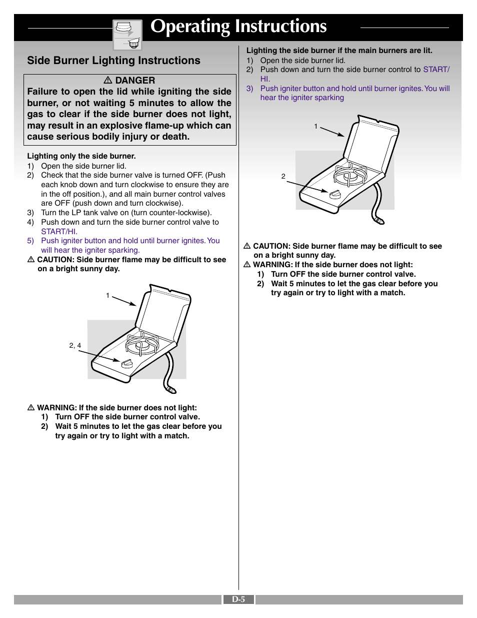 Operating instructions, Side burner lighting instructions | weber SUMMIT 43720 User Manual | Page 43 / 50