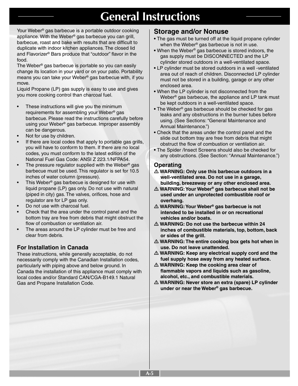 General instructions, Storage and/or nonuse, For installation in canada | Operating | weber SUMMIT 43720 User Manual | Page 5 / 50