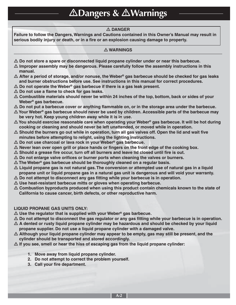 Ƽ dangers & ƽ warnings | weber 55278 User Manual | Page 2 / 33