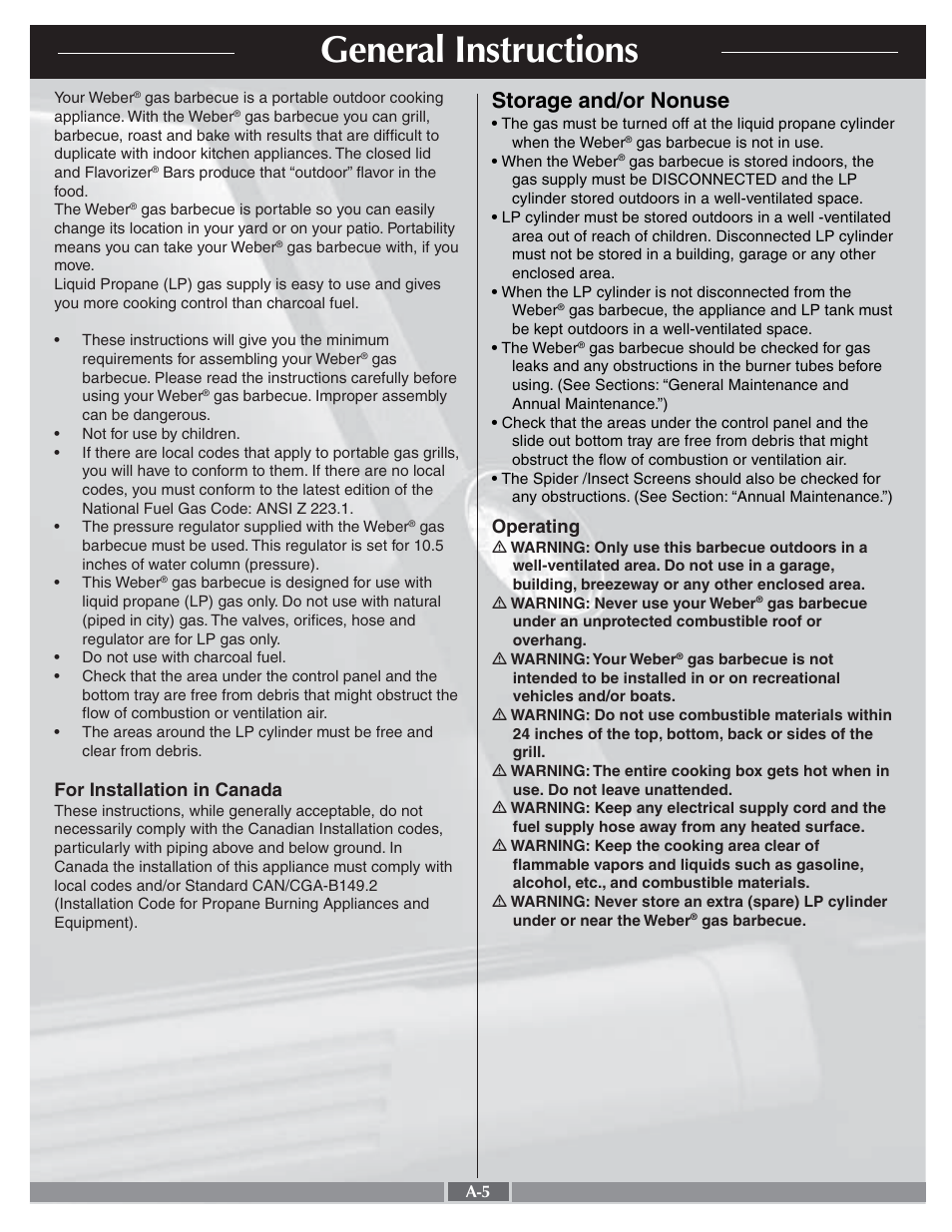 General instructions, Storage and/or nonuse, For installation in canada | Operating | weber 55278 User Manual | Page 5 / 33