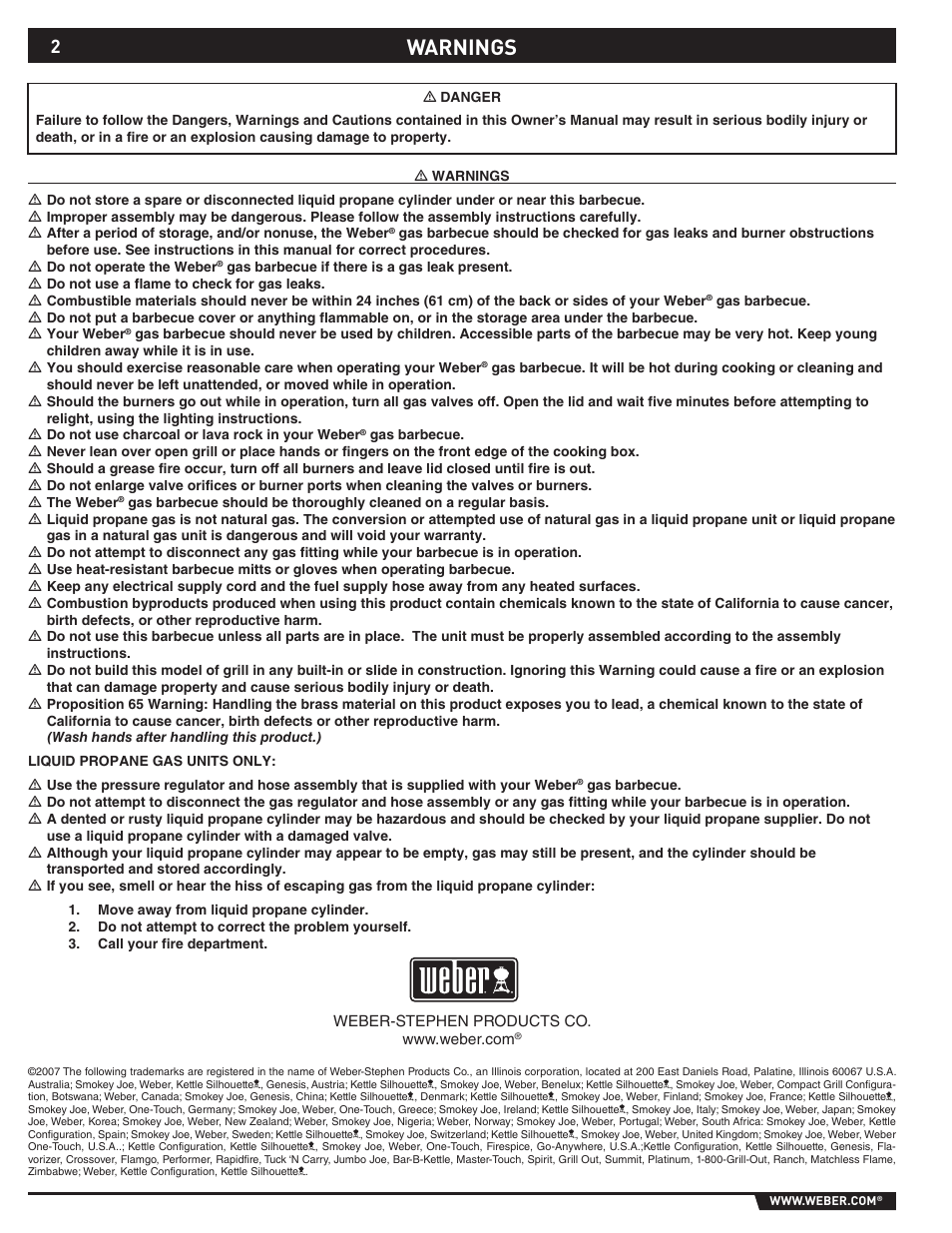 Dangers and warnings, Warnings | weber 89369 User Manual | Page 2 / 92
