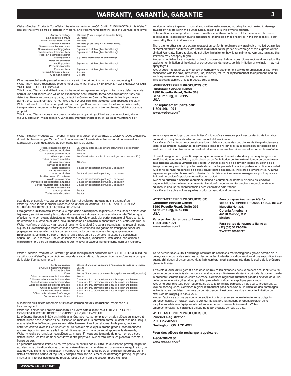 Warranty, Warranty, garantía, garantie | weber 89369 User Manual | Page 3 / 92