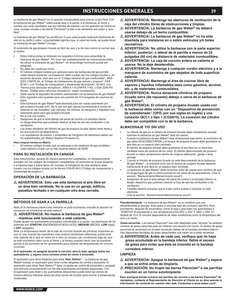 Instrucciones generales | weber 89369 User Manual | Page 39 / 92