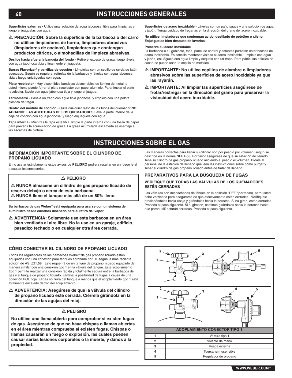 General instructions, Instrucciones generales instrucciones sobre el gas | weber 89369 User Manual | Page 40 / 92