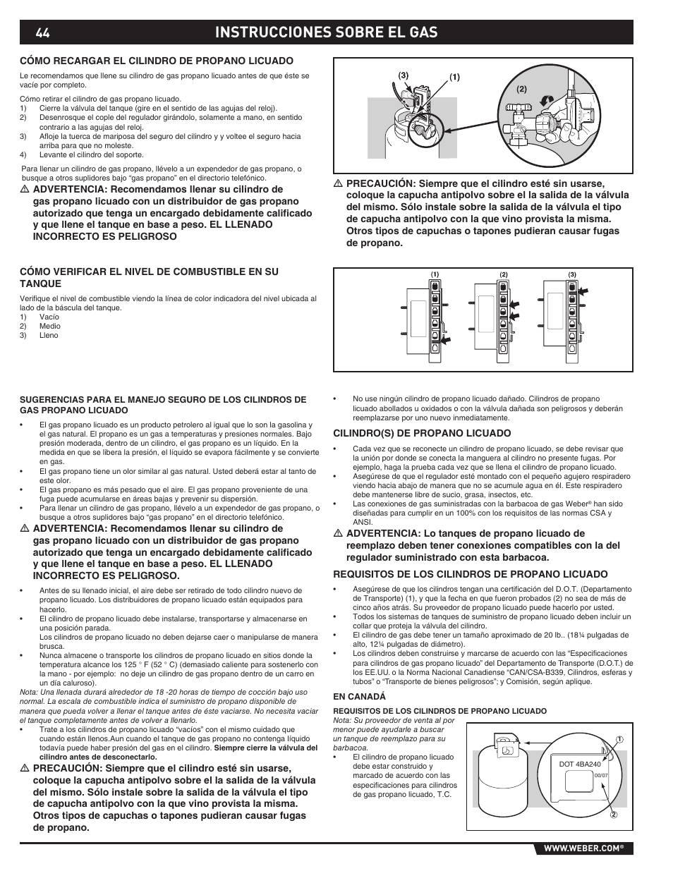 Gas instructions, Instrucciones sobre el gas | weber 89369 User Manual | Page 44 / 92