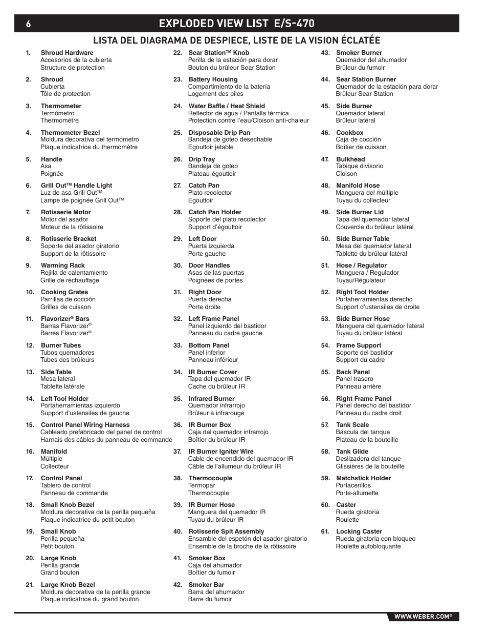 Exploded view list e/s-470 | weber 89369 User Manual | Page 6 / 92