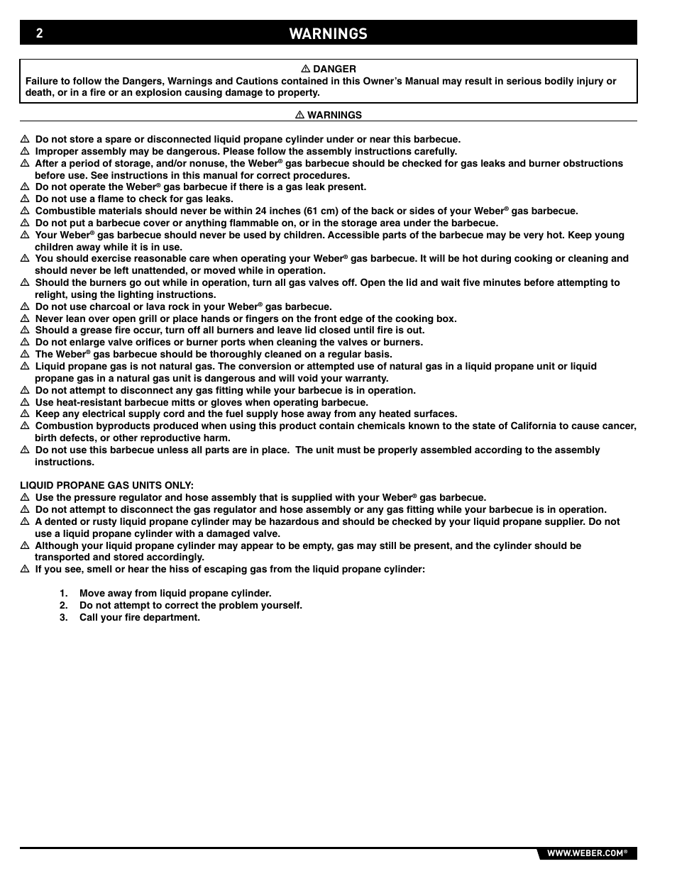 Dangers and warnings, Warnings | weber 89561 User Manual | Page 2 / 76