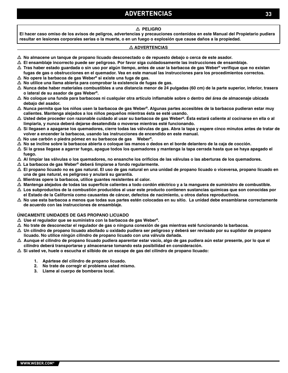 Advertencias | weber 89561 User Manual | Page 33 / 76