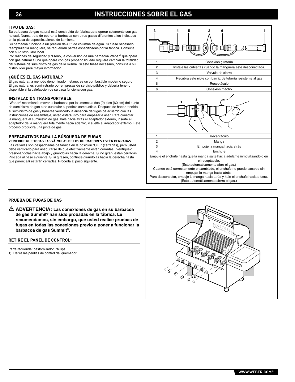 Instrucciones sobre el gas, Advertencia | weber 89561 User Manual | Page 36 / 76