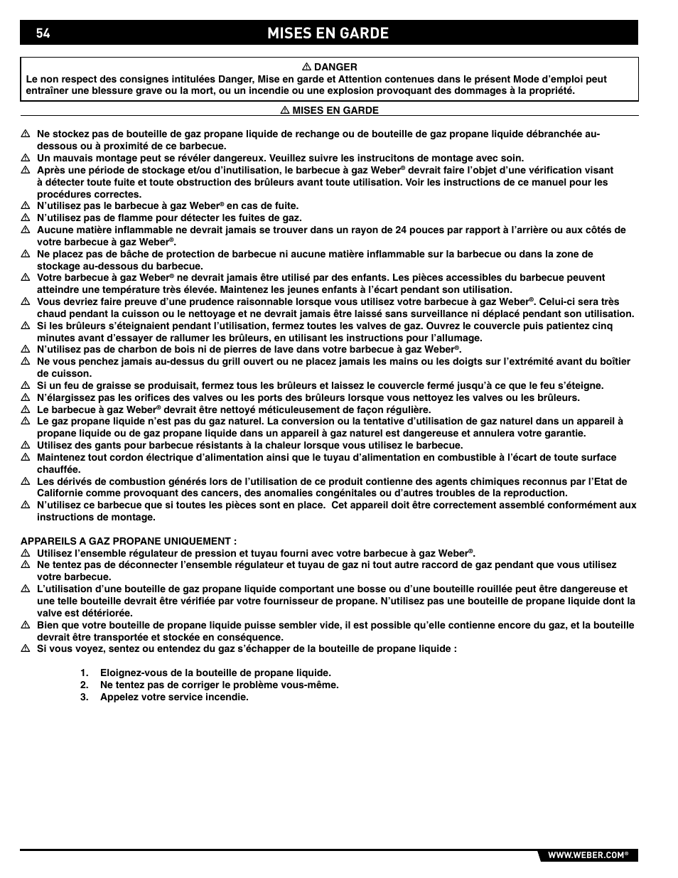 Dangers and warnings, Mises en garde | weber 89561 User Manual | Page 54 / 76