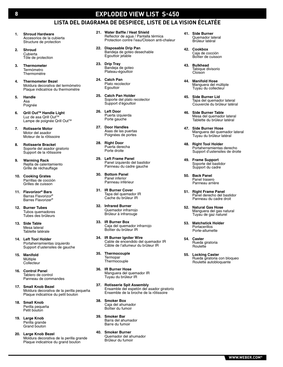 Exploded view list s-450 | weber 89561 User Manual | Page 8 / 76