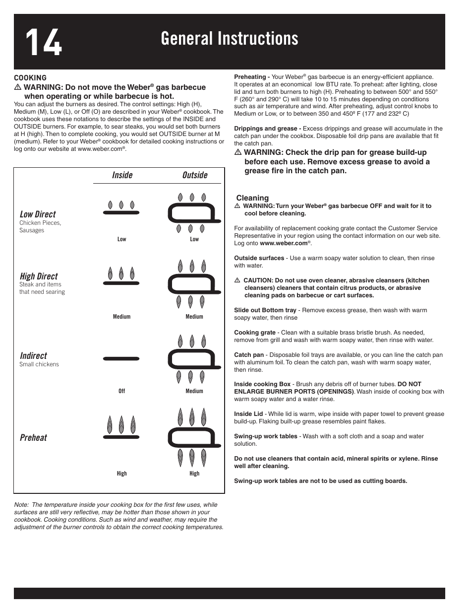 General instructions, Inside outside, Inside outside low direct | High direct, Indirect, Preheat | weber 77576 User Manual | Page 14 / 56