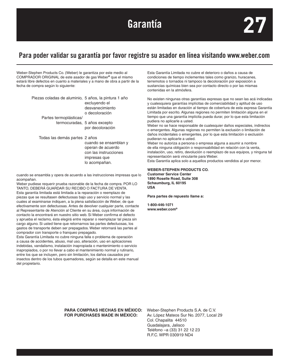 Garantía | weber 77576 User Manual | Page 27 / 56