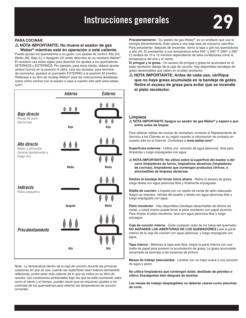 Instrucciones generales, Inside outside, Interno externo bajo directo | Alto directo, Indirecto, Precalentamiento | weber 77576 User Manual | Page 29 / 56