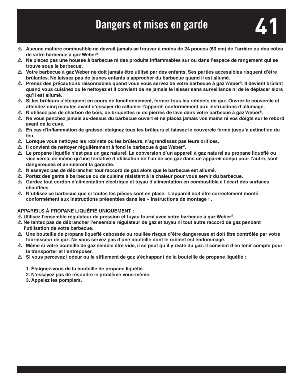 Dangers et mises en garde | weber 77576 User Manual | Page 41 / 56
