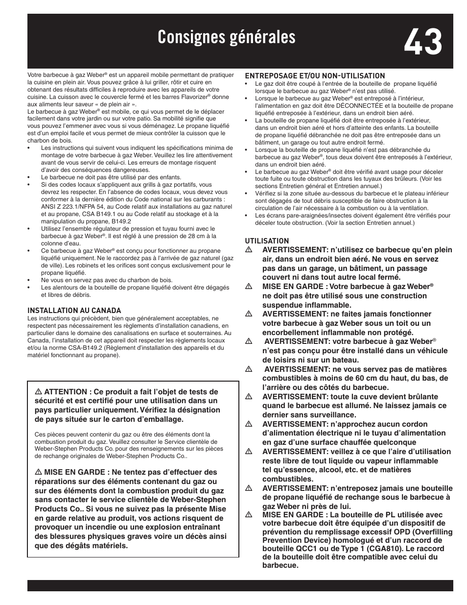 Consignes générales | weber 77576 User Manual | Page 43 / 56
