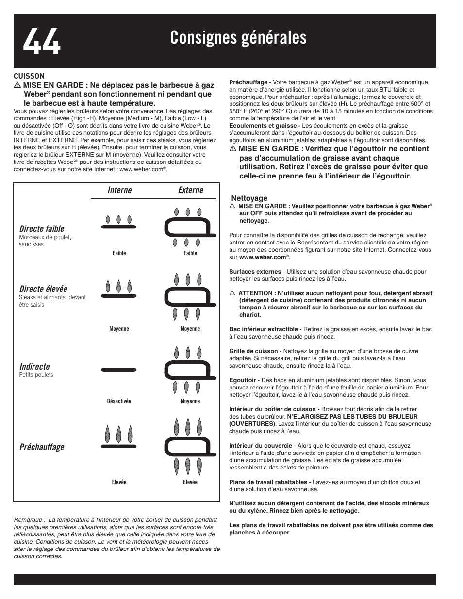 Consignes générales, Inside outside, Interne externe directe faible | Directe élevée, Indirecte, Préchauffage | weber 77576 User Manual | Page 44 / 56