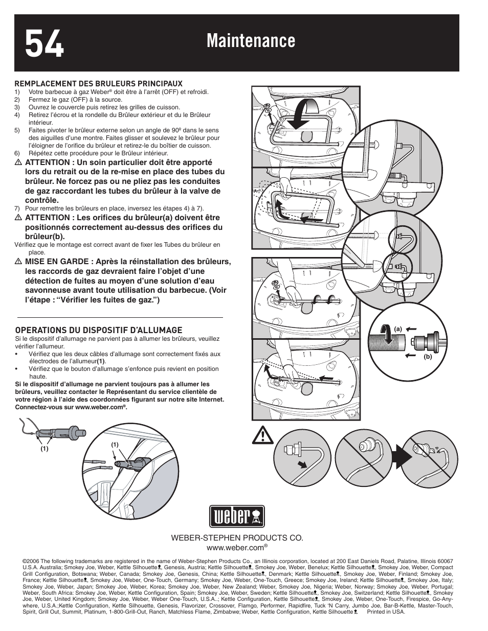 Maintenance, Operations du dispositif d’allumage | weber 77576 User Manual | Page 54 / 56