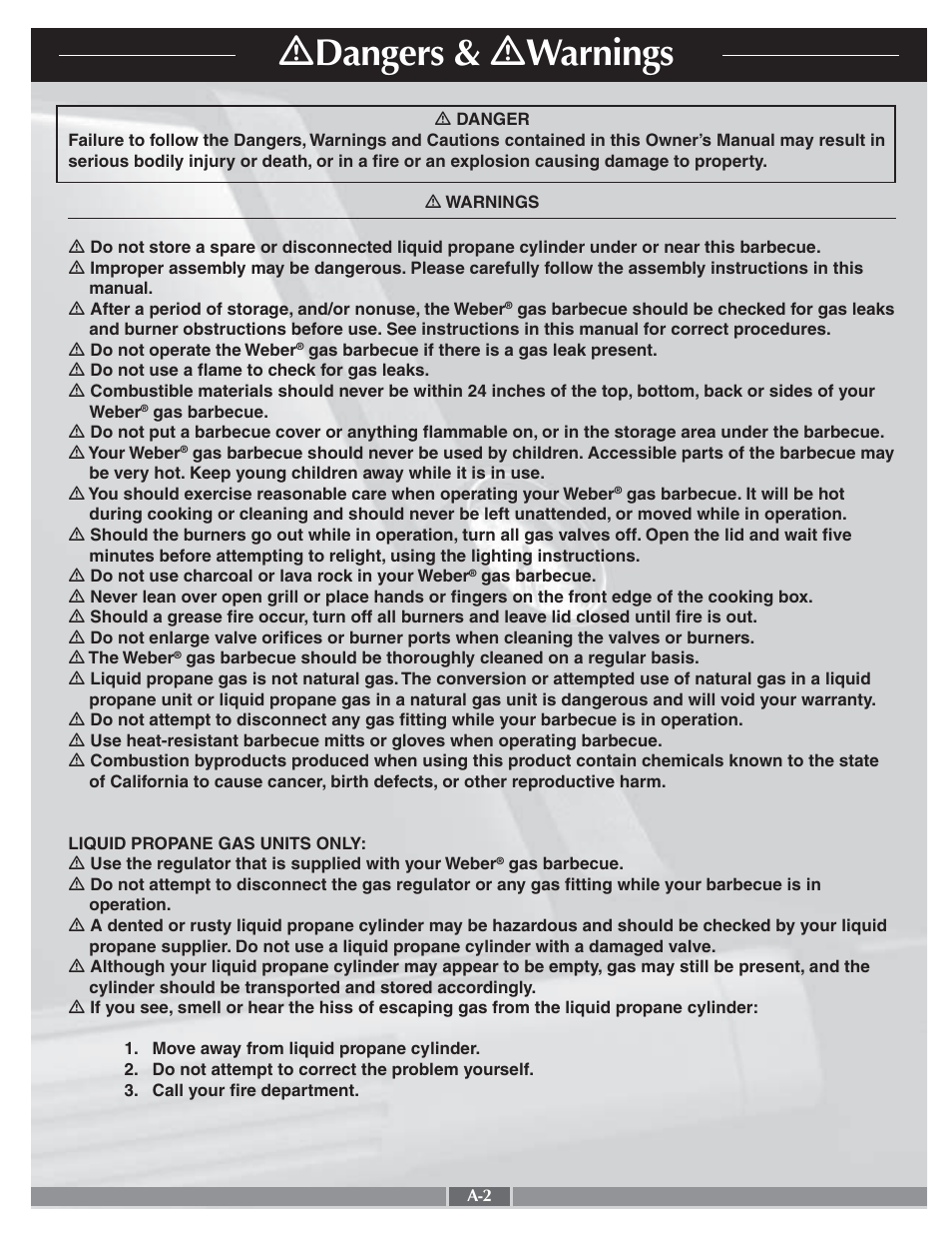 Ƽ dangers & ƽ warnings | weber 55279 User Manual | Page 2 / 31