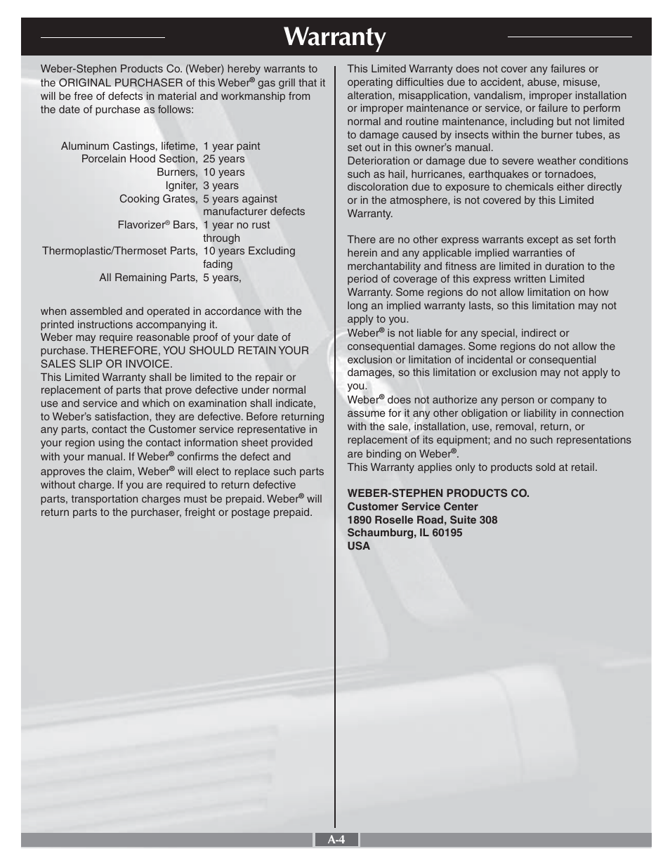 Warranty | weber 55279 User Manual | Page 4 / 31
