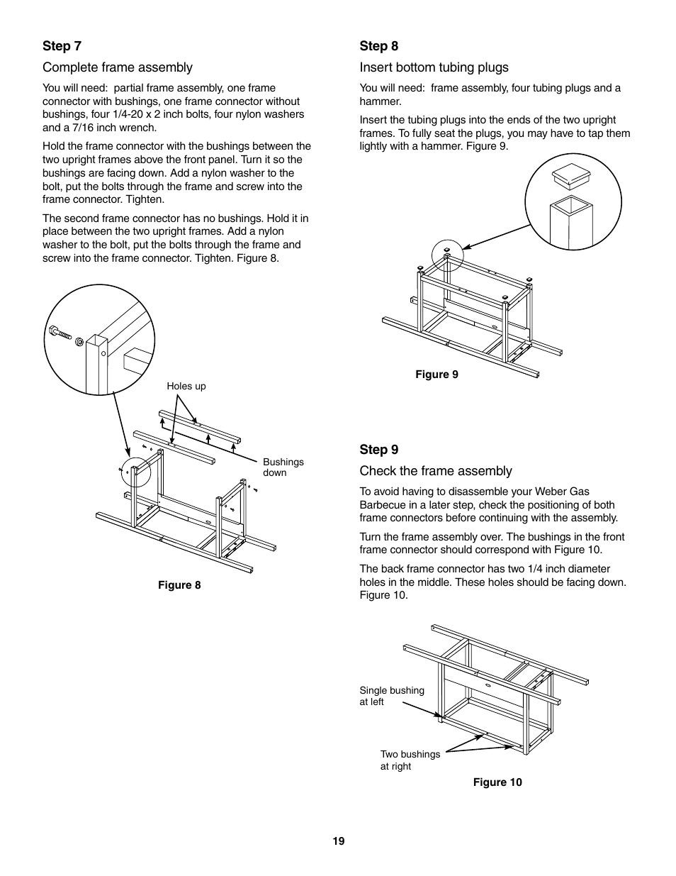 Complete frame assembly, Insert bottom tubing plugs, Check the frame assembly | weber 5500 User Manual | Page 19 / 48