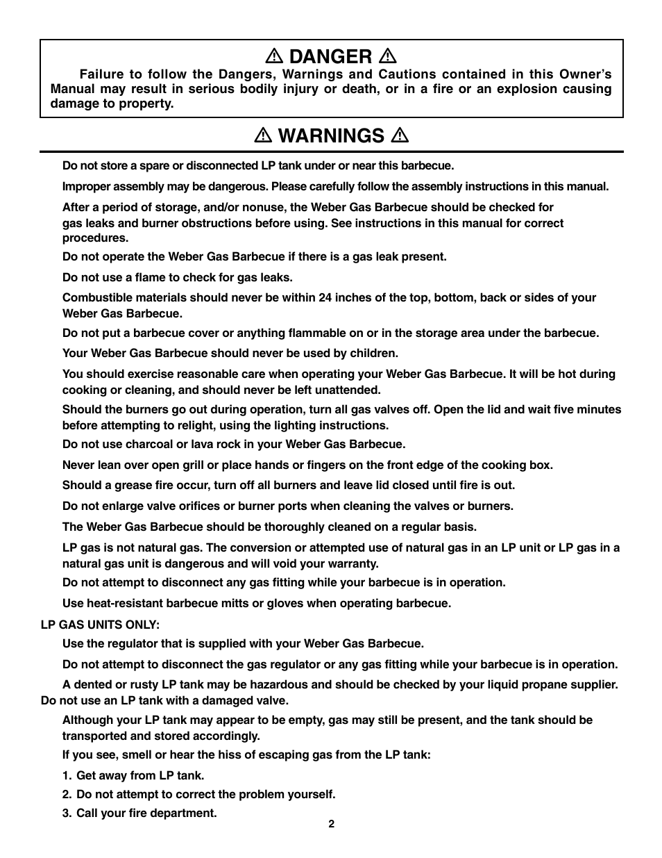 Danger, Warnings, Ƽ danger ƽ | Ƽ warnings ƽ | weber 5500 User Manual | Page 2 / 48