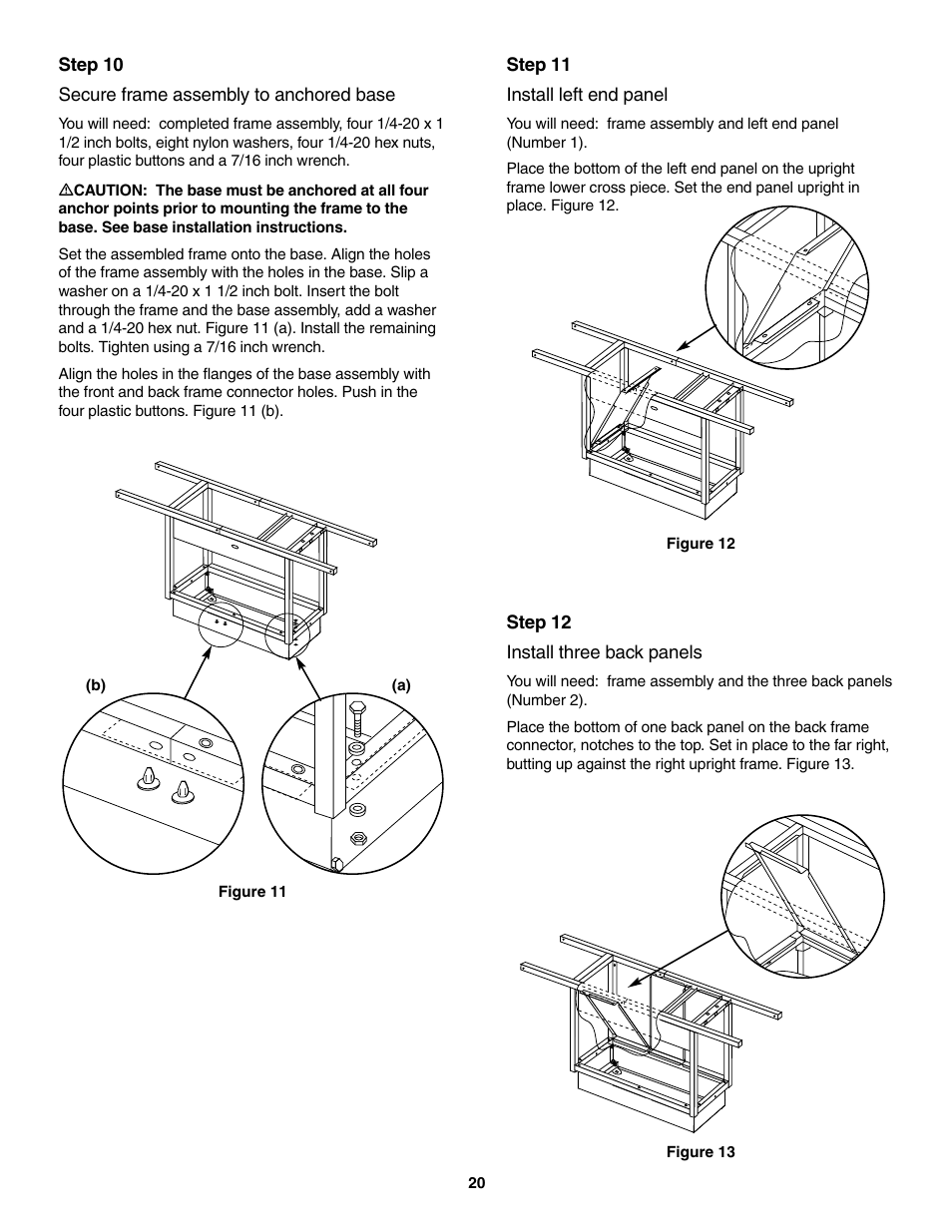 Secure frame assembly to anchored base, Install left end panel, Install three back panels | weber 5500 User Manual | Page 20 / 48