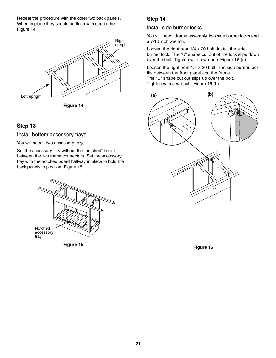 Install bottom accessory trays, Install side burner locks | weber 5500 User Manual | Page 21 / 48