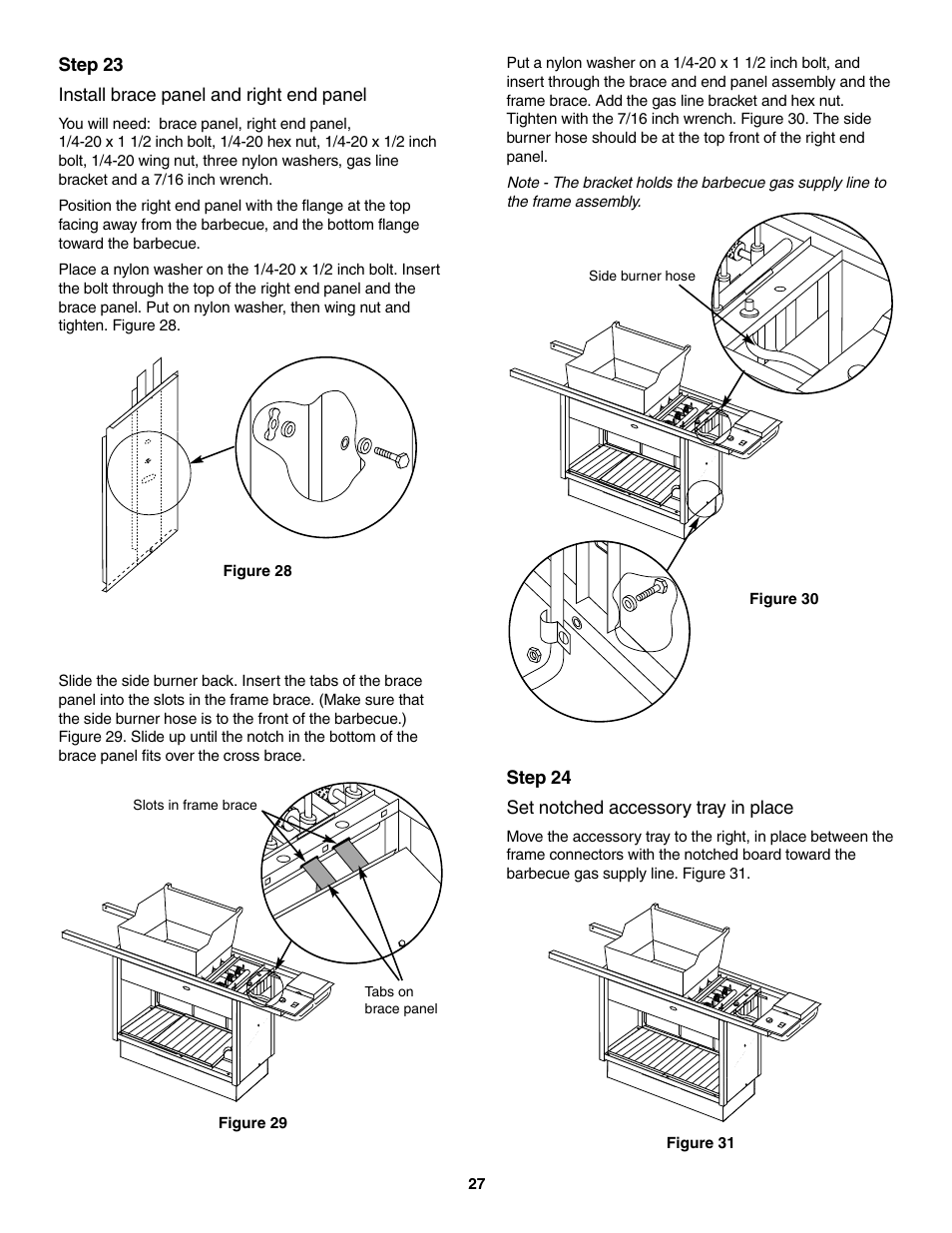 Install brace panel and right end panel, Set notched accessory tray in place | weber 5500 User Manual | Page 27 / 48