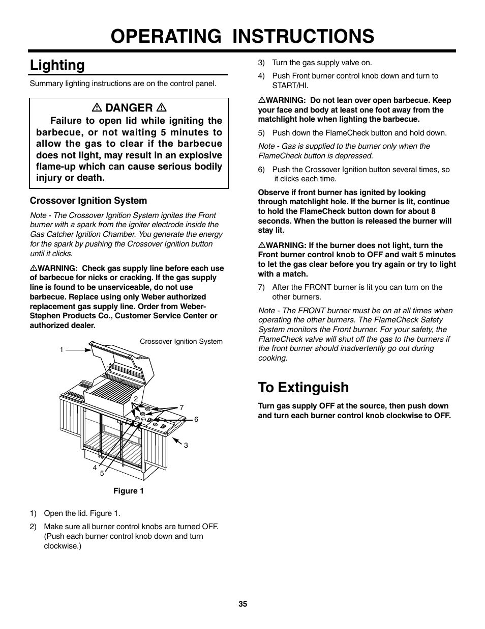 Operating instructions, Lighting, Crossover ignition system | To extinguish, Ƽ danger ƽ | weber 5500 User Manual | Page 35 / 48