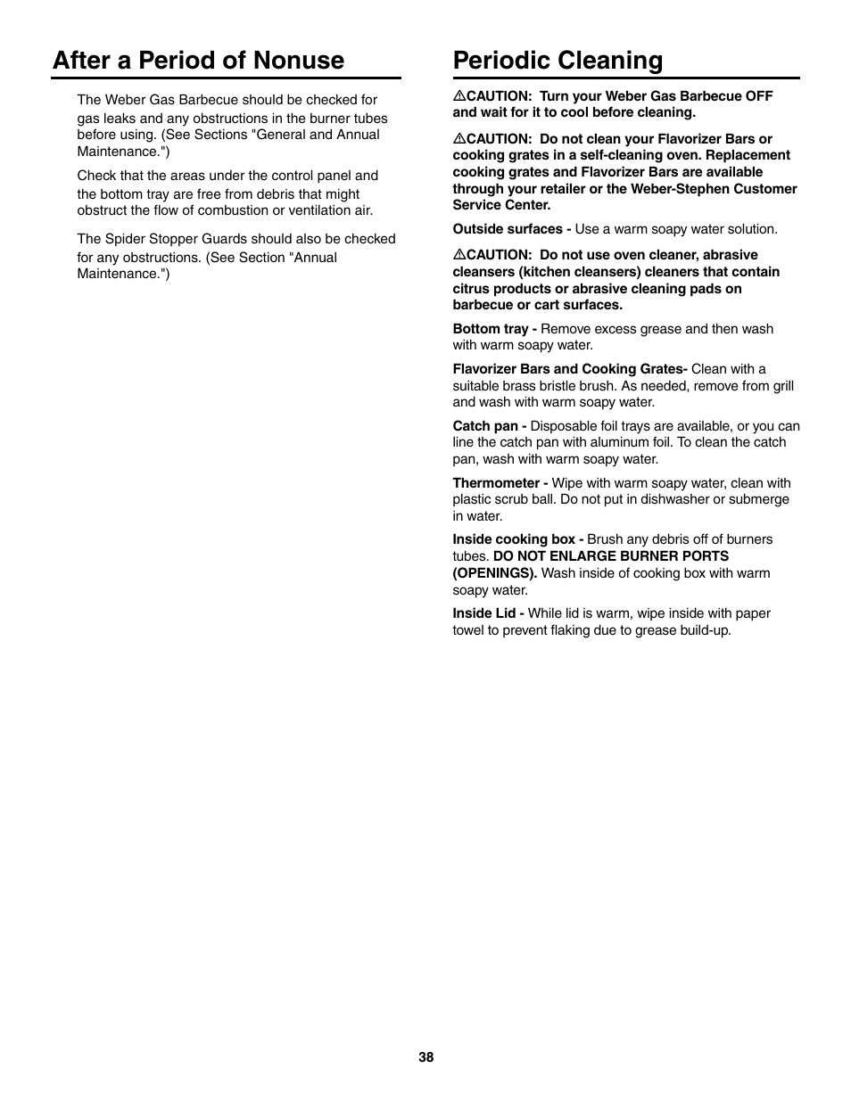 After a period of nonuse, Periodic cleaning | weber 5500 User Manual | Page 38 / 48