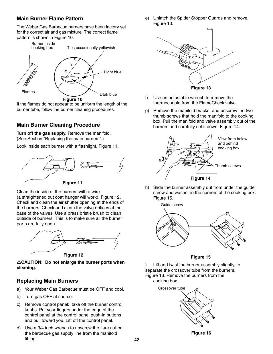 Main burner flame pattern, Main burner cleaning procedure, Replacing main burners | weber 5500 User Manual | Page 42 / 48