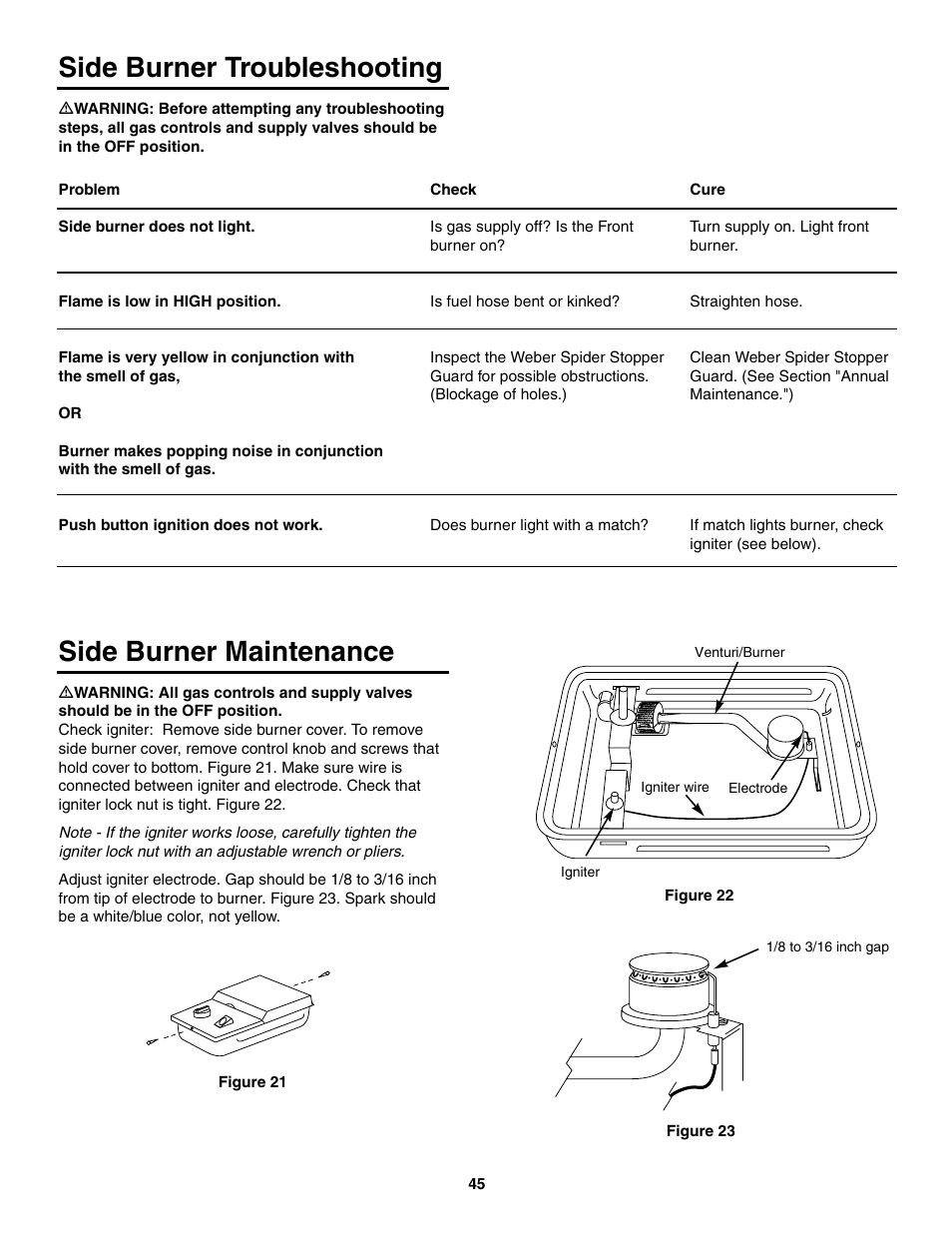Side burner troubleshooting, Side burner maintenance | weber 5500 User Manual | Page 45 / 48