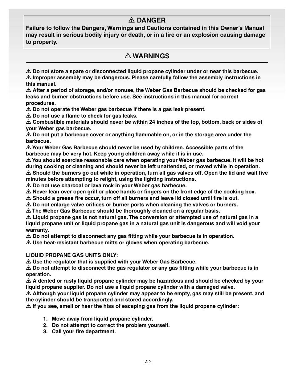 Dangers and warnings, Ƽ danger, Ƽ warnings | weber Genesis Silver A User Manual | Page 2 / 32