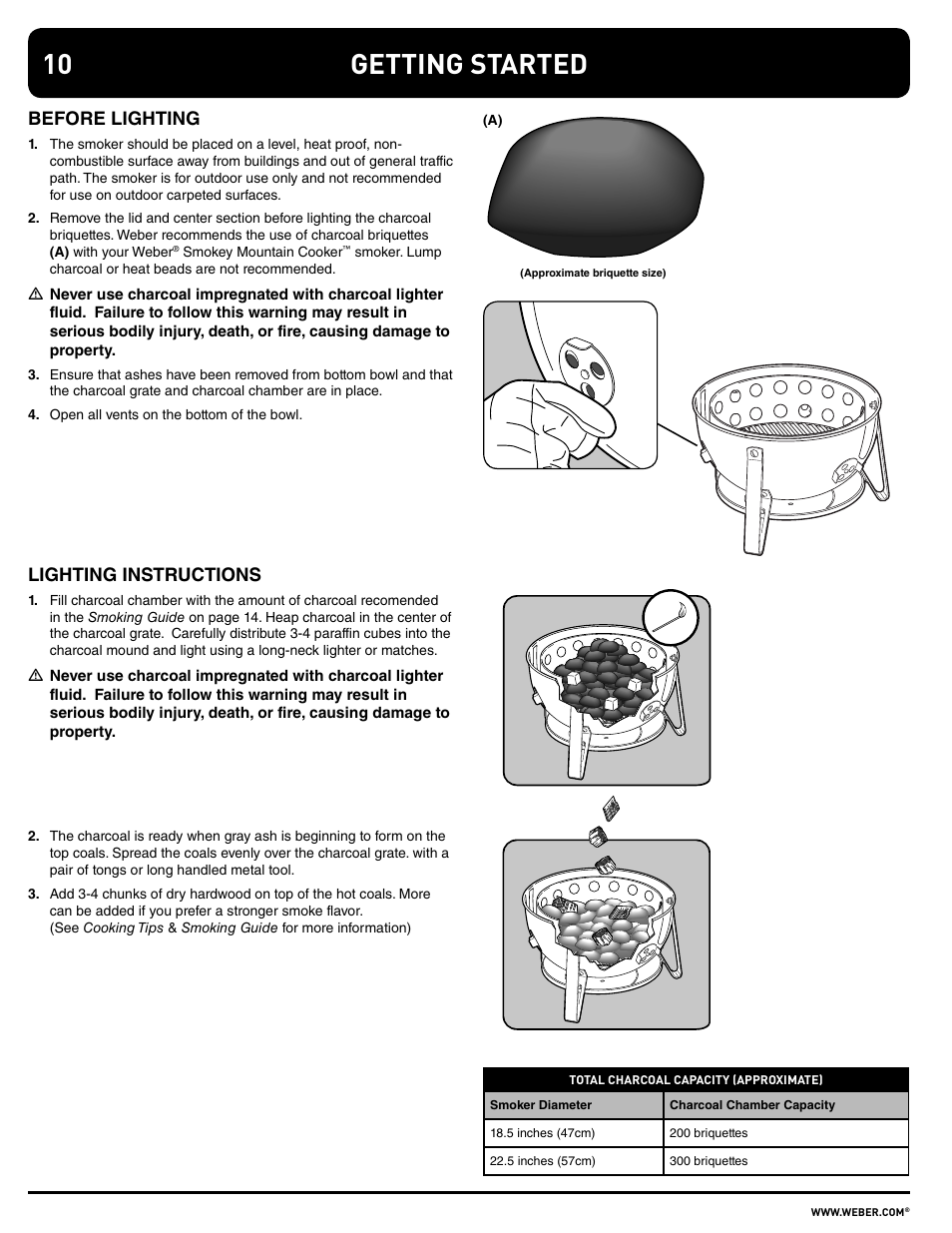 Getting started, Before lighting, Lighting instructions | weber SMOKEY MOUNTAIN COOKER 100108 User Manual | Page 10 / 20