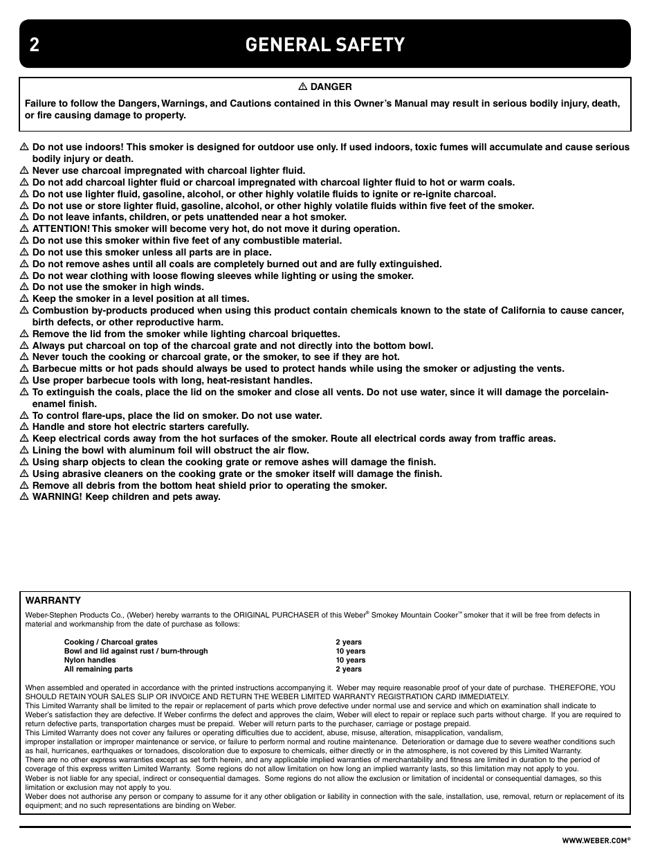 General safety | weber SMOKEY MOUNTAIN COOKER 100108 User Manual | Page 2 / 20