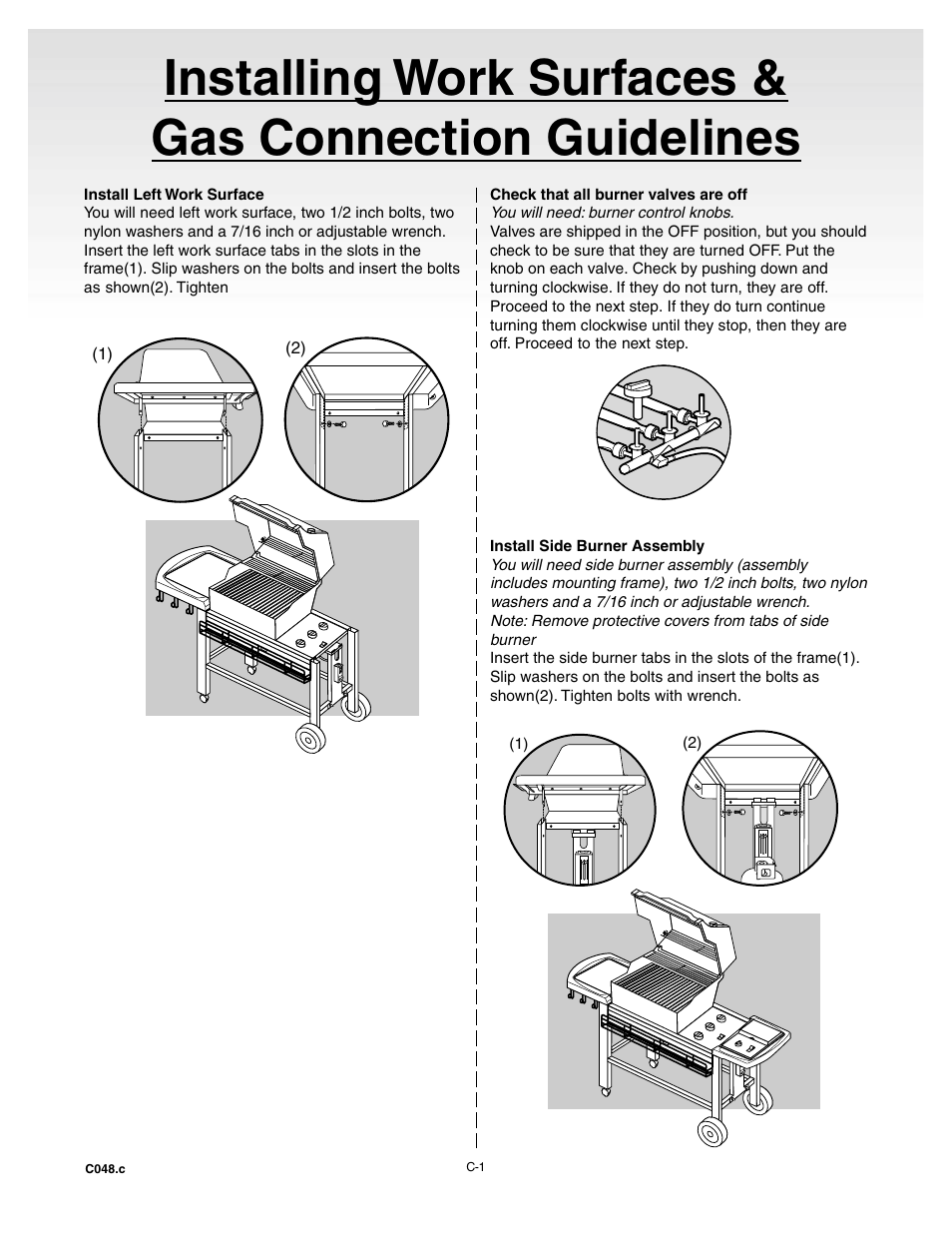 Install left work surface, Check that all burner valves are off, Install side burner assembly | weber Genesis Gold C User Manual | Page 13 / 32