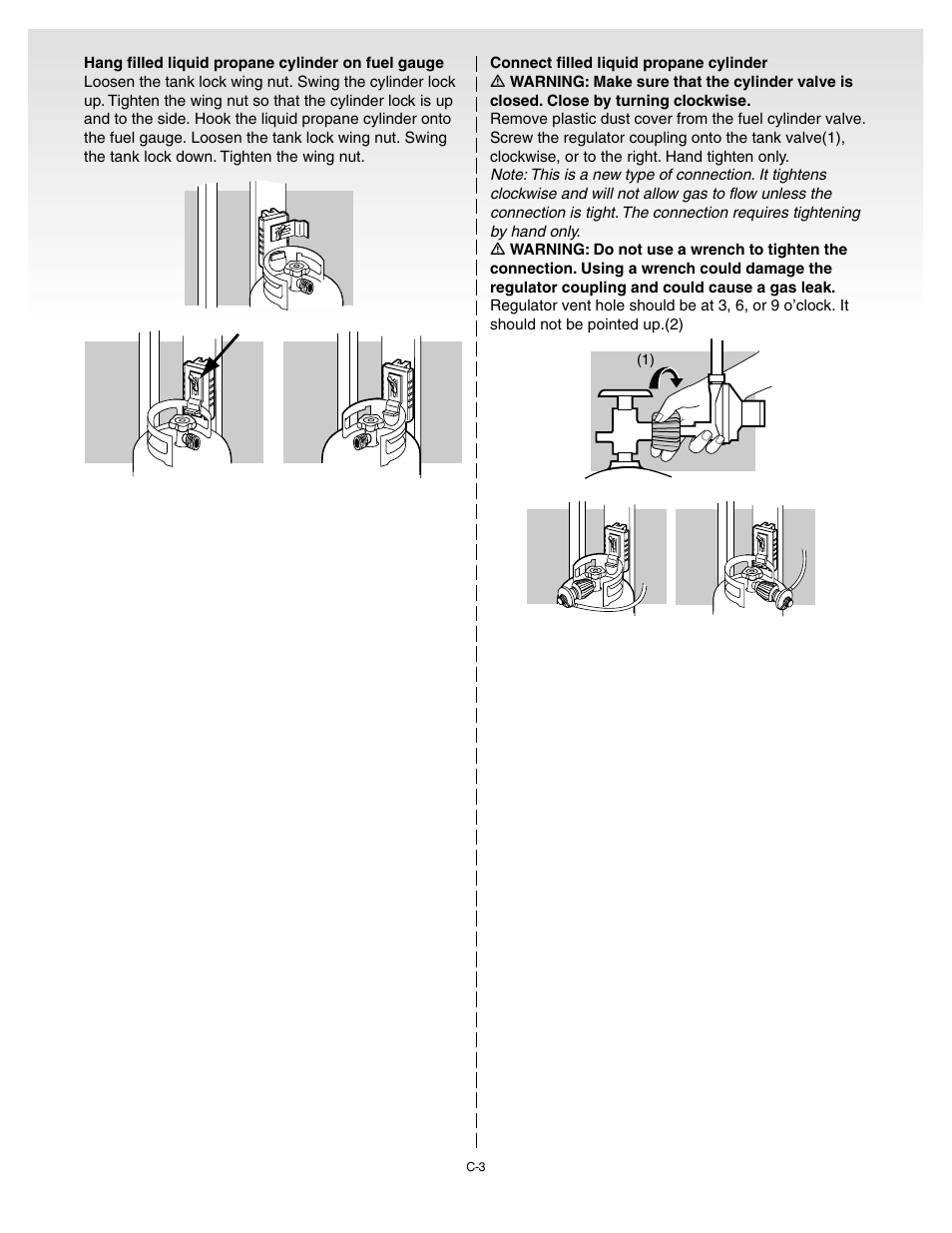 Hang filled liquid propane cylinder on fuel gauge, Connect filled liquid propane cylinder | weber Genesis Gold C User Manual | Page 15 / 32