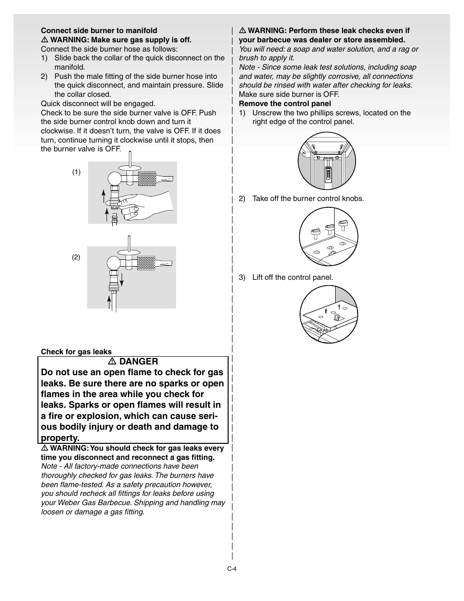 Connect side burner to manifold, Check for gas leaks | weber Genesis Gold C User Manual | Page 16 / 32