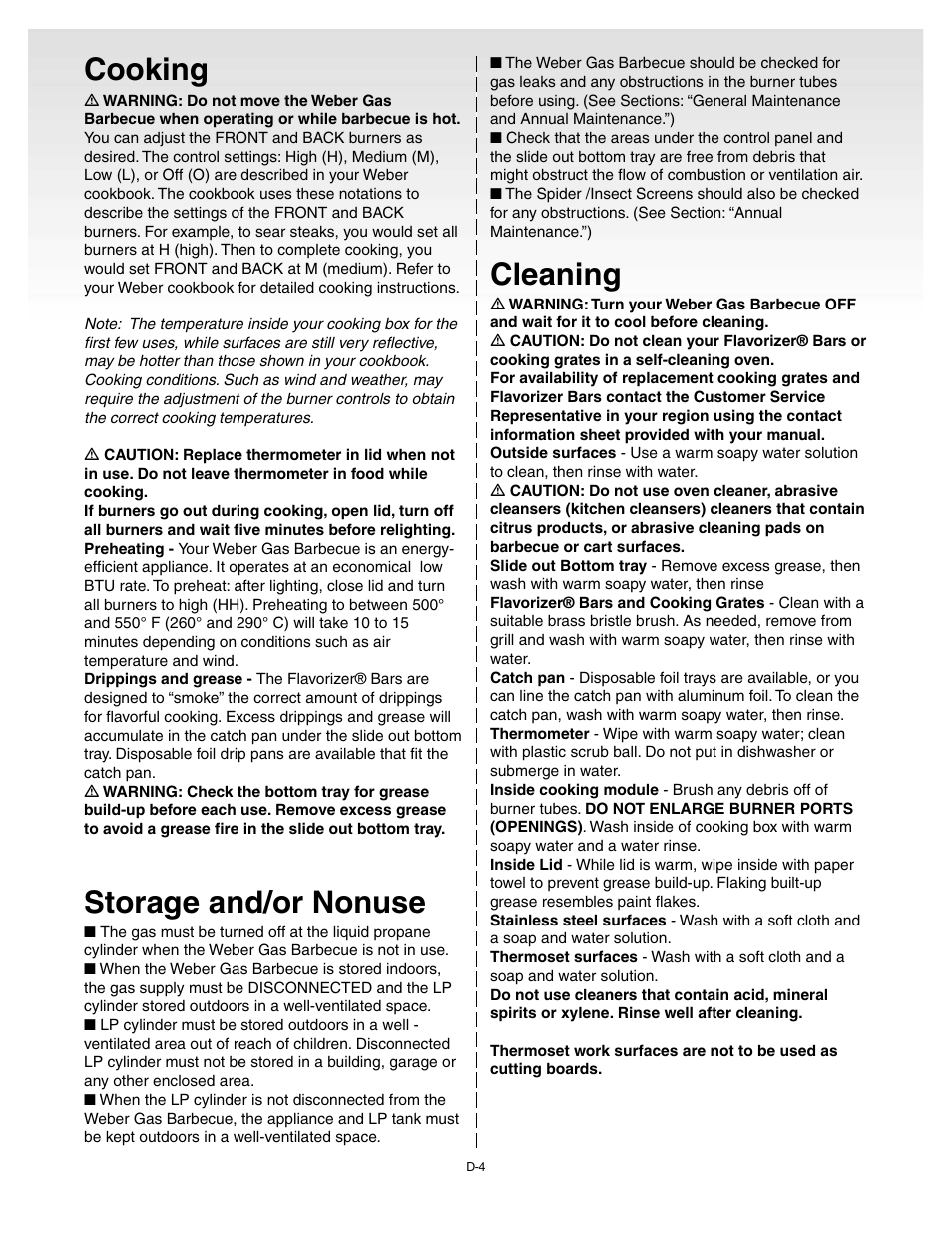 Cooking, Storage and/or nonuse, Cleaning | weber Genesis Gold C User Manual | Page 21 / 32