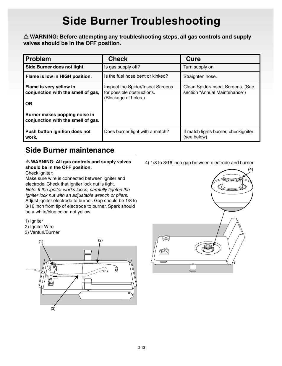 Side burner troubleshooting, Side burner maintenance, Problem check cure | weber Genesis Gold C User Manual | Page 30 / 32