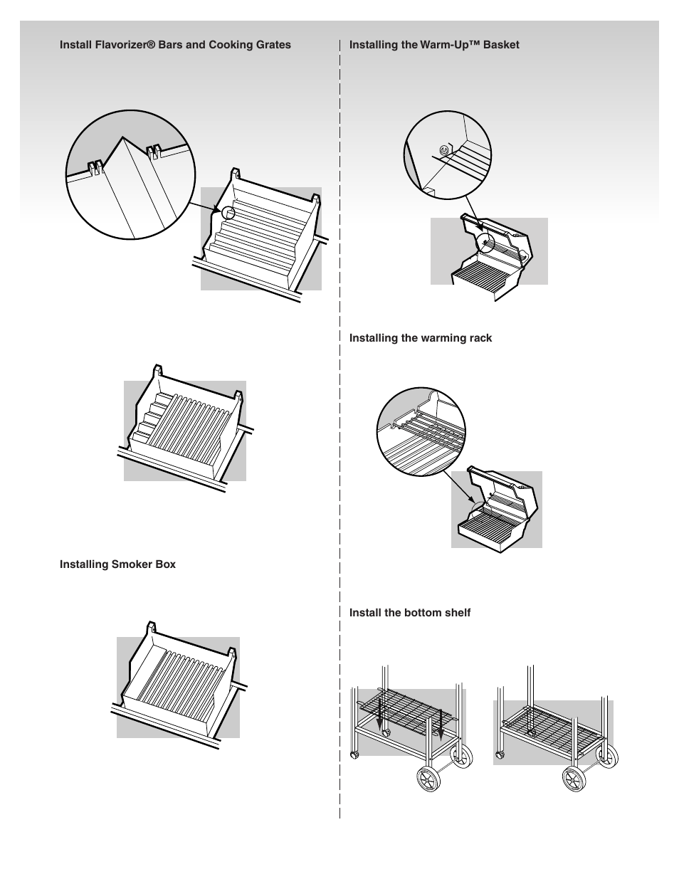 Install flavorizer® bars and cooking grates, Installing the warm-up™ basket, Installing the warming rack | Installing smoker box, Install the bottom shelf | weber 41081 User Manual | Page 12 / 34