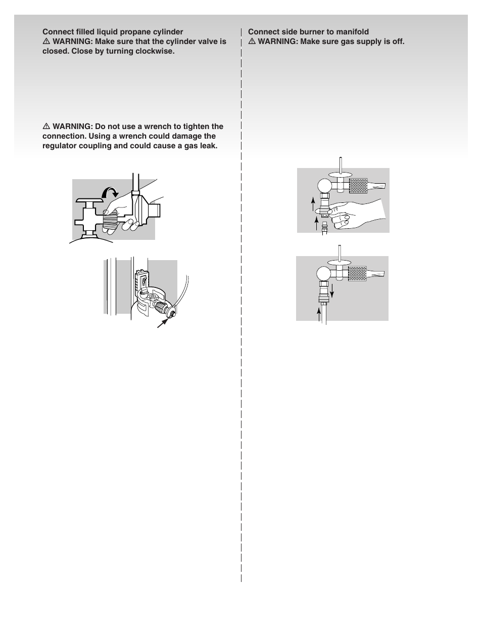 Connect filled liquid propane cylinder, Connect side burner to manifold | weber 41081 User Manual | Page 16 / 34