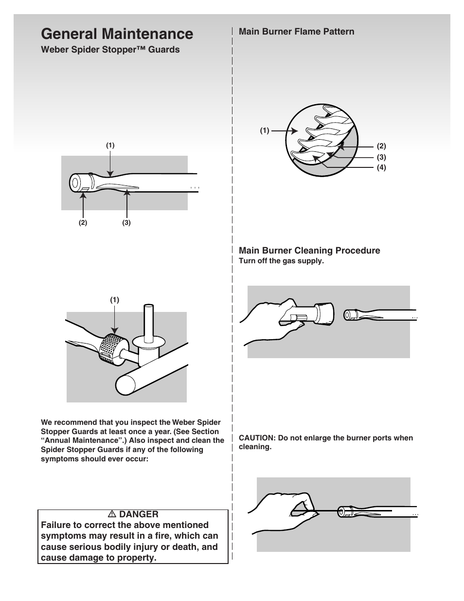 General maintenance, Main burner flame pattern, Main burner cleaning procedure | weber 41081 User Manual | Page 28 / 34