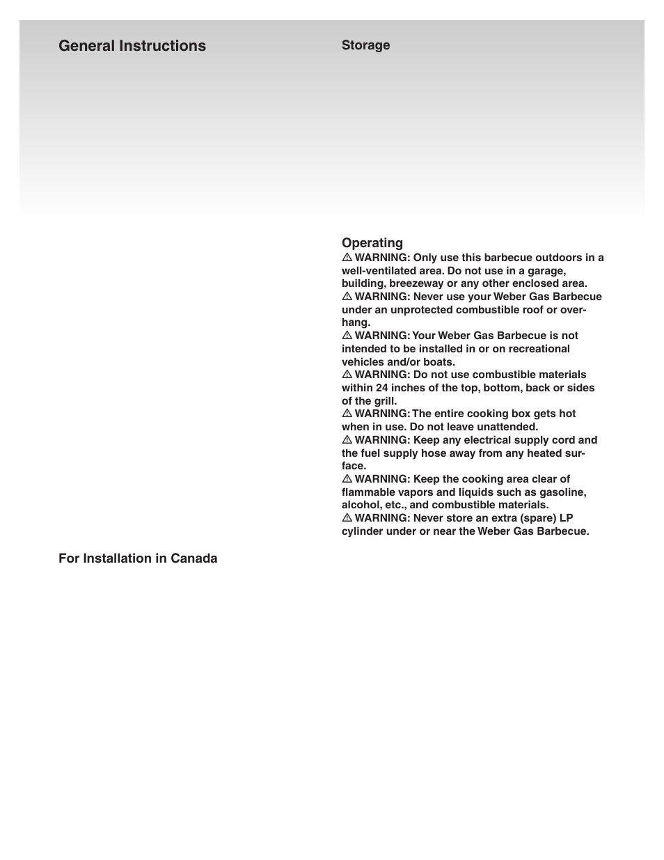 General instructions, Storage, Operating warnings | weber 41081 User Manual | Page 5 / 34