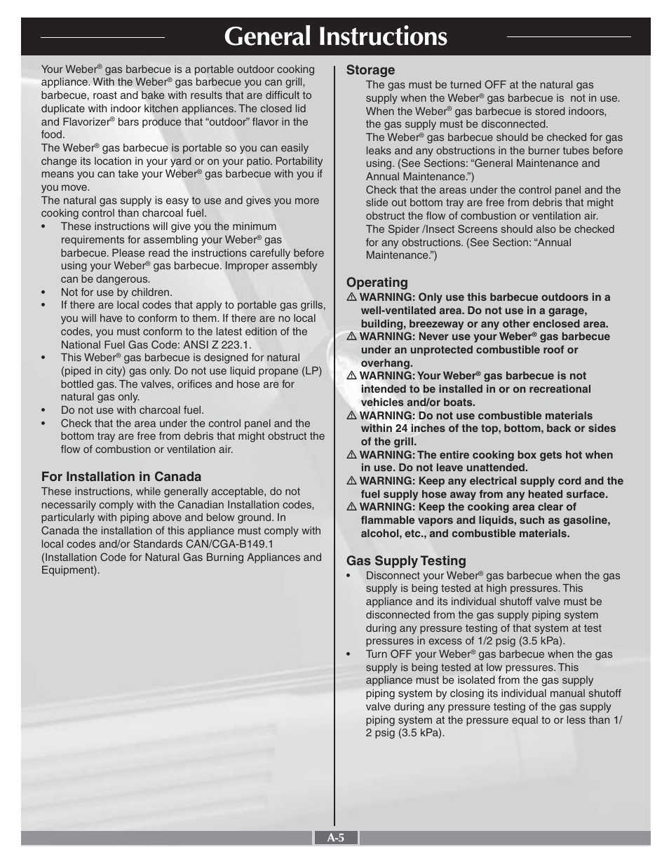 General instructions, For installation in canada, Storage | Operating, Gas supply testing | weber 55268 User Manual | Page 5 / 30