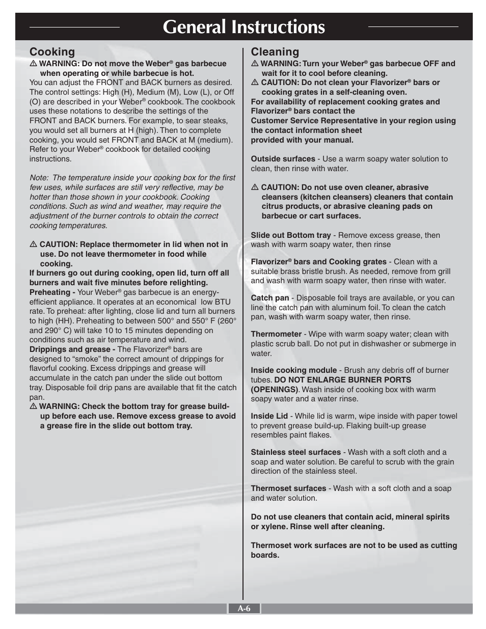 General instructions, Cooking, Cleaning | weber 55268 User Manual | Page 6 / 30